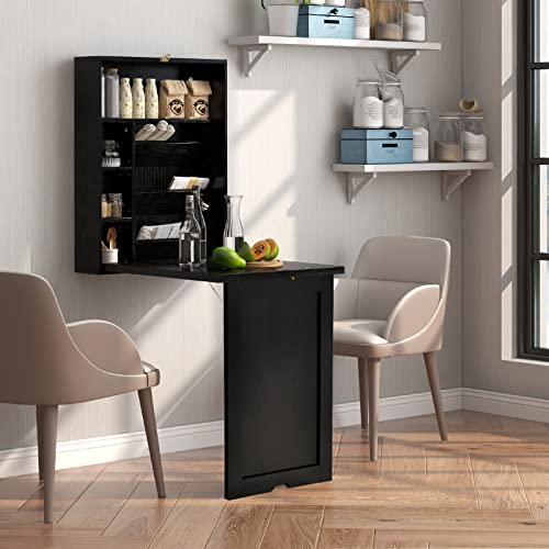 GOFLAME Wall Mounted Folding Desk with 3-Tier Tilt Storage Partition and Adjustable Shelves, Space-Saving Convertible Writing Desk for Home Office, Black - color: Black