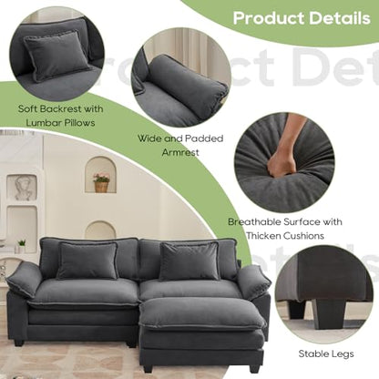 86" Modular Sectional Sofa, Comfy Deep Cloud Couch with Ottoman | L-Shaped Couches for Living Room, Modular Couch, Deep and Wide Seat, Velvet Sofa Sleeper with Throw Pillows, Blue Grey - color: Blue Gray, size: 86 Inch L