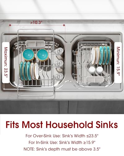 Sakugi Dish Drying Rack in Sink - Expandable Stainless Steel Dish Rack Over the Sink, Kitchen Sink Drain Strainer with Cutlery Holder & Cup Holders, 15.4 x 9.8 x 3.0 Inch, Silver - color: Silver, size: Standard - 15.4" × 9.8" × 3"