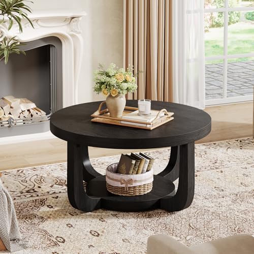Tribesigns Round Coffee Table, 2-Tier Circle Coffee Table with Storage, Modern Wooden Accent Center Table for Living Room, Thick Tabletop & Base, Black - color: Black