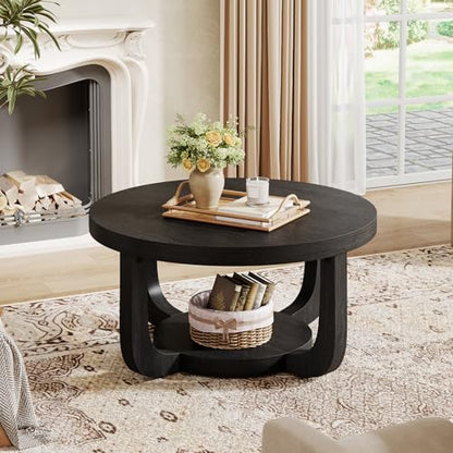Tribesigns Round Coffee Table, 2-Tier Circle Coffee Table with Storage, Modern Wooden Accent Center Table for Living Room, Thick Tabletop & Base, Black - color: Black
