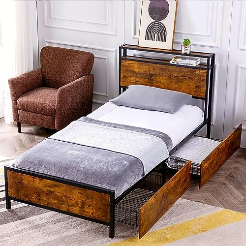 Twin Size Bed Frame with 2 Storage Drawers, Platform Bedframe with Storage Headboard, Strong Metal Slat Support/No Box Spring Needed/Easy Assembly/Space Saving - color: Brown, size: Twin with drawer