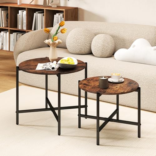 GOFLAME Nesting Coffee Table Set of 2, Round Coffee Tables with Wood Tabletop & Heavy-Duty Metal Frame, Modern Circle End Table & Side Tables, Nesting Tables for Living Room, Bedroom (Rustic Brown) - color: Rustic Brown