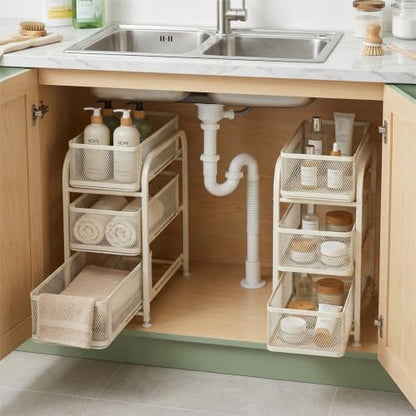 3 Tier Under Sink Organizer, Pull Out Cabinet Storage Organizer with Sliding Mesh Drawers, Heavy Duty Metal Under Sink Storage for Kitchen, Bathroom, Cabinet, Small Space, White, 1 Pack