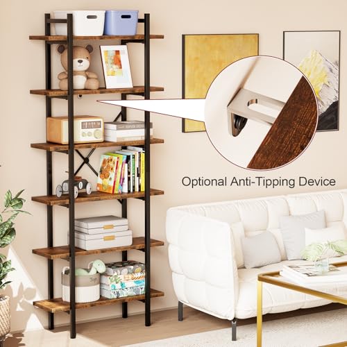 6 Tiers Bookshelf Organizer Industrial Tall Shelving, Modern Open Bookcase | Brown - color: Rustic Brown, size: 6-Tiers