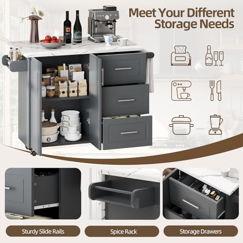 4 EVER WINNER 43" Kitchen Island with Drop Leaf, Rolling Kitchen Island | Modern Design, 4 Wheels, 3 Storage Drawers, Adjustable Shelf, Spice Rack & Towel Rack, Faux Marble Tabletop, Grey - style: Gray