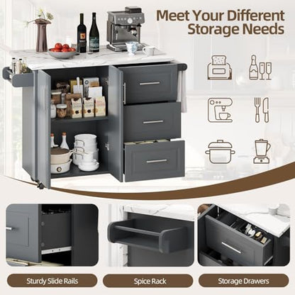 4 EVER WINNER 43" Kitchen Island with Drop Leaf, Rolling Kitchen Island | Modern Design, 4 Wheels, 3 Storage Drawers, Adjustable Shelf, Spice Rack & Towel Rack, Faux Marble Tabletop, Grey - style: Gray