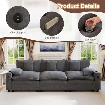 KCGKCG 116" 3-Seater Cloud Sofa, Modular Sectional Couch, Chenille Deep Seat Cloud Couch with Charging Station, Cup Holder, Side Pocket, Double Layer Seat Cushion Couches for Living Room, Grey - color: Grey, size: 116"- Loveseat