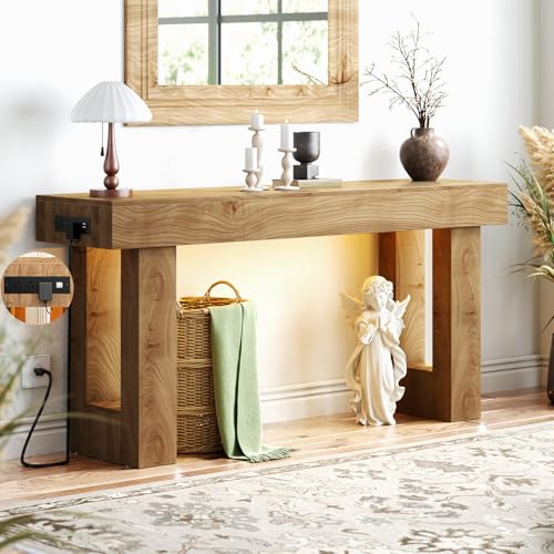 Unikito 63'' Farmhouse Console Table with Outlets & Sensor Light | Wooden Entry Table with Storage, Narrow Sofa Tables Behind the Couch, Versatile for Entrance/Foyer/Living Room Natural Oak - color: Natural Oak, size: 63IN