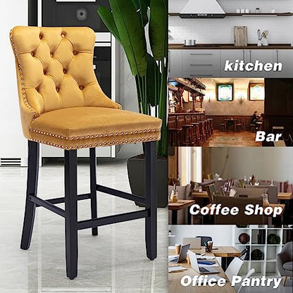 Modern Velvet Upholstered Bar Stools Set of 2 with Wood Legs, Button Tufted,Chrome Nailhead, Counterstool Seat, Armless Bar Chairs (Gold) - color: Gold, size: Set of 2