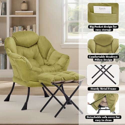 Lazy Chair with Ottoman, Comfy Reading Chair, Olive Green | Cushioned Seat with Foldable Ottoman and Side Pocket, Lounge Chair for Bedroom, Living Room, Dorm and Small Spaces - color: Sage Green