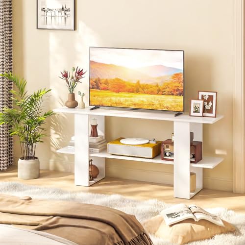 GIANTEX Modern TV Stand for 55 Inch TV, White Entertainment Center with Open Storage Shelf, Wood Media Console Table for Living Room Bedroom Entryway - color: White