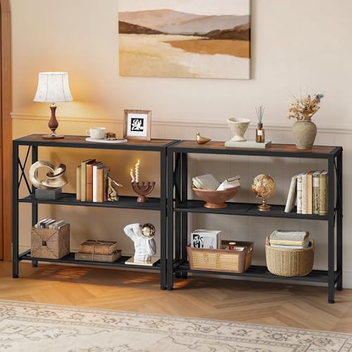 Hoctieon Set of 2 Industrial Console Table, 3 Tier Entryway Table, Metal Frame, Sofa Table with Shelf, Hallway Table, Entrance Table for Entryway, Living Room, Foyer, Hallway, Rustic Brown&Black - color: Rustic Brown, size: 2 Pack