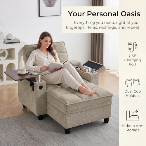 Convertible Sleeper Chair, Pull Out Sofa Bed with Adjustable Backrest & Hidden Storage Armrest, Single Sofa Recliner with USB Charging Port & Cup Holders for Living Room, Bedroom, Khaki - color: C-khaki-i3