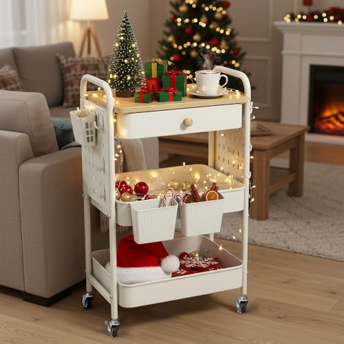 Rolling Utility Cart with Drawer, 3 Tier Rolling Cart with Wheels, Hooks & Hanging Cups, Craft Cart Art Cart Snack Cart Rolling Storage Cart with Wooden Table Top & DIY Pegboards, White