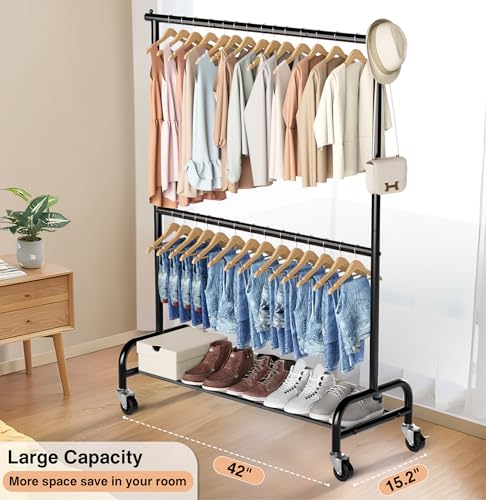 MISSLO Heavy Duty Clothing Racks for Hanging Clothes Rack Double Rod Garment Rack Rolling Closet Wardrobe Rack on Wheels, Metal, Adjustable, Black - color: Black