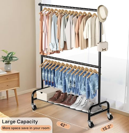 MISSLO Heavy Duty Clothing Racks for Hanging Clothes Rack Double Rod Garment Rack Rolling Closet Wardrobe Rack on Wheels, Metal, Adjustable, Black - color: Black