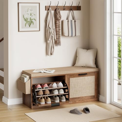 HOMMPA Shoe Storage Bench, Entryway Bench with Shoe Storage & 2 Flip Drawer & Seat Cushion, Rattan Hidden Shoe Rack Bench, Wooden Entry Way Shoe Cabinet for Hallway, Bedroom, Mudroom