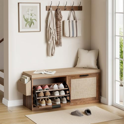HOMMPA Shoe Storage Bench, Entryway Bench with Shoe Storage & 2 Flip Drawer & Seat Cushion, Rattan Hidden Shoe Rack Bench, Wooden Entry Way Shoe Cabinet for Hallway, Bedroom, Mudroom