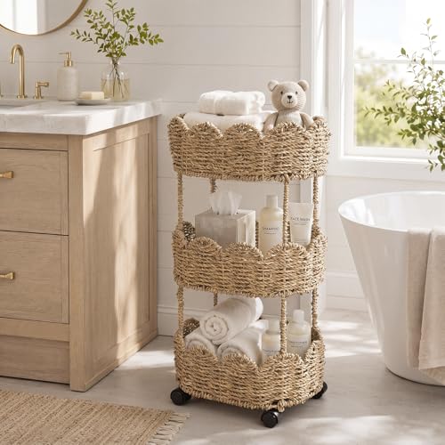 AceOrbit 3-Tier Scalloped Seagrass Rolling Cart Oval Seagrass Scalloped Storage Basket with Wheels for Nursery Caddy Utility Cart Storage Organization for Craft Bathroom Laundry Living Room