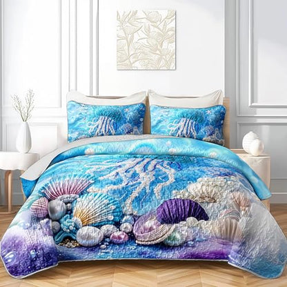 AILONEN Cartoon Blue Jellyfish Quilt Bedding Sets Full Size, Girls Ocean Shell Pearl Theme Quilt Set Printed - 3 Pieces,Underwater World Bedspread Coverlet Set Soft Microfiber Quilt & 2 Pillowcases - color: Jellyfish44, size: Full