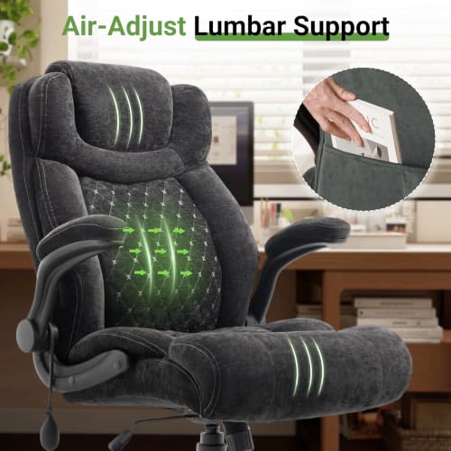 Office Chair, Big and Tall Executive Chair with Air-Lumbar Support, Breathable Desk Computer Chair with Adjustable Flip-up Armrests, Wide Cushion Seat Swivel Home Office Chair - color: Lightblack