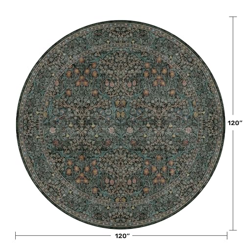 Vintage10ft Round Rug for Living Room, Washable Large Soft Area Rugs for Bedroom, Dining Room Under Table Non Slip, Dark Green Boho Circle Floral Big Carpet Indoor Décor, Low Pile Stain Resistant - color: Dark Green / Black, size: 10' (Round)