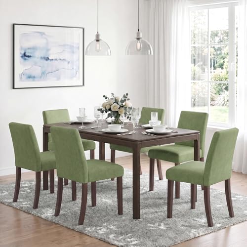 Fabric Upholstered Dining Chairs Set of 6, Parsons Chairs for Small Space | Mid Century Dining Room Chairs with Wooden Legs for Restaurant & Cafe, Green - color: Green, size: Set of 6