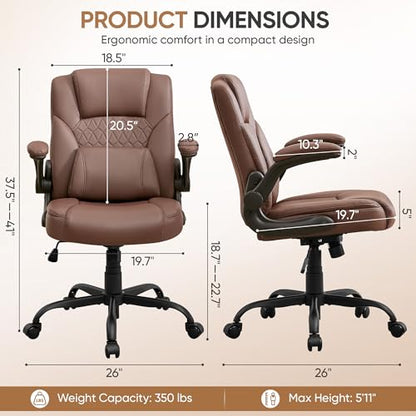 Home Office Chair with Lumbar Support, 5" Thickened Seat, Small PU Leather Rocking Desk Chair, Comfy Computer Chairs with Rolling Wheels & Adjustable Armrests for Adults, Brown - color: Brown