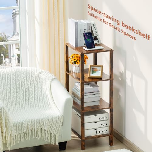 YUFAM 4-Tier Tall Slim Bookshelf, Small Bookcase for Small Spaces, Brown - color: Brown, size: 4-Tier
