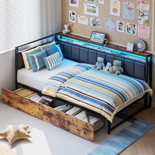 LIKIMIO Twin Corner Bed Frame with Storage Drawers, LED, Charging, Black | 2 Storage Shelves, 1000 LBs Capacity, Upholstered Headboard, 2AC+1USB+1Type-C, No Box Spring Nedded, Easy Assembly - color: Black, size: Twin