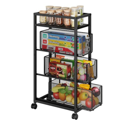 4 Tier Narrow Kitchen Rolling Cart, 9.1" Wide Slim Kitchen Storage Cart with Pull-Out Baskets, Adjust Pantry Organizer and Storage Cart with Wheels, Multifunctional Fruit Vegetable Spice Storage Cart - size: Small 4 Tier Black