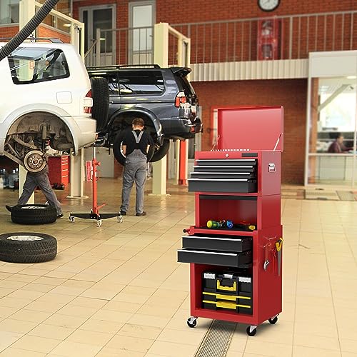 Goplus Tool Chest, 3-in-1 Rolling 6 Drawers Tool Cabinet with Detachable Top Toolbox, Middle Tool Storage, Universal Lockable Wheels, Protective Liner, Auto Lock, Metal Tool Box for Garage Workshop - color: Red + Black, style: 6-Drawers with Middle Box
