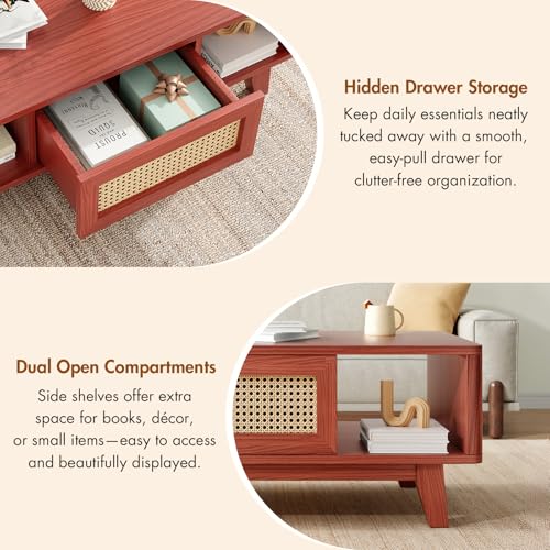 Coffee Table, Mid Century Living Room Tables with Storage, Modern Square with Rattan Drawer, Wooden Living Room Table with Solid Wood Leg - color: Cherry