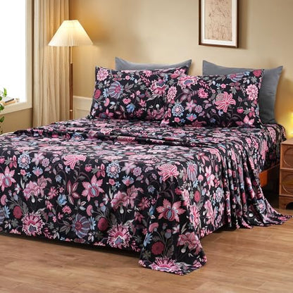 Bedlifes Floral Pattern Bed Sheet Set Twin Size, 16" Deep Pocket 3-Piece | Ultra Soft Microfiber, Breathable & Silky, OEKO-TEX Certified, Easy-Care Machine Washable, 3-Piece, All-Season Spring Bedding - color: Black Red, size: Twin