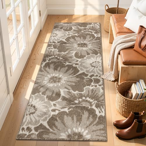 Findosom Hallway Runner Rug 2x6, Non Slip High-Low Textured Floral Washable Runner Rug with Rubber Backing, Boho Carpet Runner for Kitchen, Entryway, Bedroom, Laundry, Brown - color: Brown, size: 2' x 6'