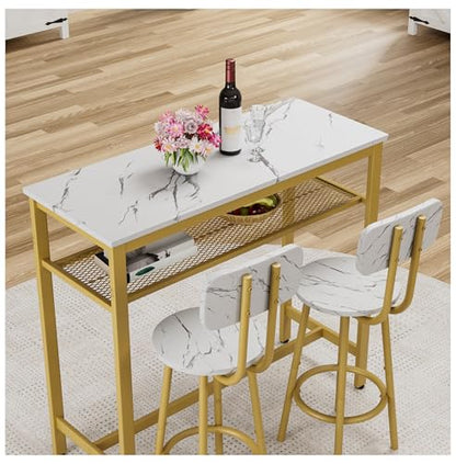 Counter Height Dining Table Set with 2 Stools - Kitchen Breakfast Bar Table - White Faux Marble Top