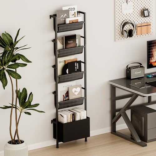 Homeiju Wall Mounted Kids Bookshelf with Storage Bin, 5-Tier Ladder Shelf, Suitable for Books, Toys, Magazines, Documents, Albums, Black - color: Black