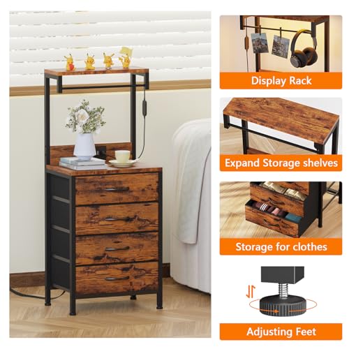 Night Stand with Charger Station, 4 Fabric Drawers and LED Lights | 38'' Tall Bedside Table with Storage Shelf for Bedroom, Office, Metal Frame, Wood Shelves, Rustic Brown Nightstand - color: Rustic Brown