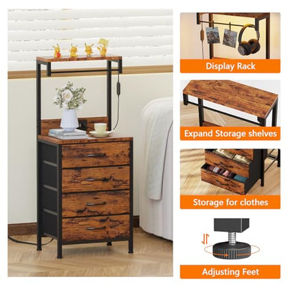 Night Stand with Charger Station, 4 Fabric Drawers and LED Lights | 38'' Tall Bedside Table with Storage Shelf for Bedroom, Office, Metal Frame, Wood Shelves, Rustic Brown Nightstand - color: Rustic Brown