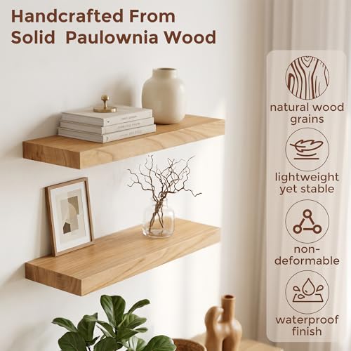 fuqing 20 Inch Floating Shelves 6.7'' Deep Natural Wood Shelves Set of 2 | 20'' x 6.7'' x 1.4'' Natural Wood Shelves for Bathroom Living Room, 35LBS, Lightweight, Hardware Included, Waterproof Finish - color: Natural, size: 20 Inch
