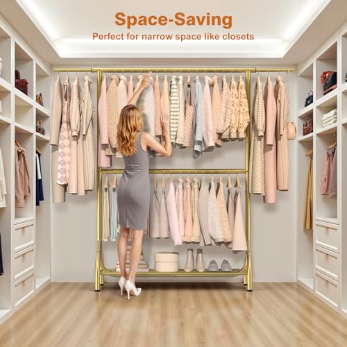 Double Rod Clothing Rack Load 622 LBS, Heavy Duty Clothes Rack for Hanging Clothes, 82.68 inch High Garment Rack with Sotrage Shelves, Metal Clothing Hanger Closet Wardrobe Organizer (Gold) - color: Gold