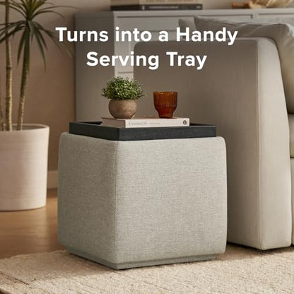 mopio Levi Storage Ottoman with Reversible Tray, Modern Square Chest Coffee Table, Upholstered Cube Sitting Foot Stools Ottoman for Living Room, Bedroom, Entryway (Fabric, Light Gray) - color: Light Gray Fabric, Cube