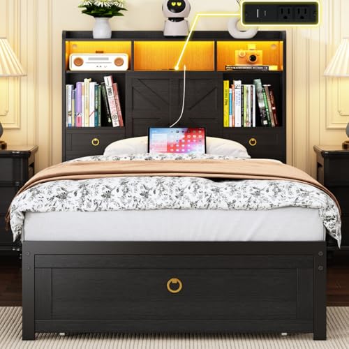 Twin Bed Frame with Storage Headboard, Farmhouse Platform Bed Frame with Bookshelf, Drawers, LED Lights and Charging Station, Metal Slats Support, Noise Free, No Box Spring Needed, Black - size: Twin