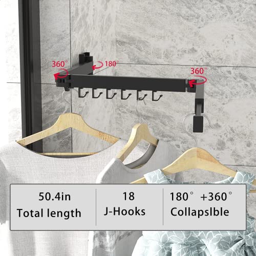 Wall Mounted Clothes Hanger Rack, Retractable Clothes Drying Rack Folding Indoor, Laundry Drying Rack, Space Saver Clothes Rack,Collapsible(Tri-Fold),with 18 J-Hooks Laundry Rack Black - color: Tri-fold-1 Pack Black