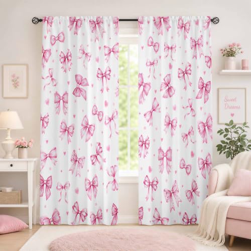 Pink Bow Curtains for Living Room,Pink Bow Curtains 84 Inches Long 2 Panels,Semi Sheer Privacy Curtain with Rod Pocket for Girls Bedroom,Cute Decorative Light Filtering Drapes,W52 x L84 Inch - color: Pink Bow, size: 52"W x 84"L (Pack of 2)