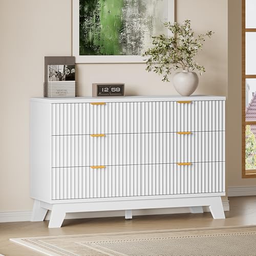 BORNOON Fluted 6 Drawer Dresser, 47.2" Wide Modern Boho Chest of Drawers, Wooden Storage Dresser TV Stand for Bedroom, Living Room, Closet, Hallway, Curved Profile Design - color: Pure White, size: 6-Drawer