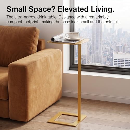 Modern Stable C Table End Table, 23.4" Tall, Medium, Gold | C Shaped Side Table that Slides Under Sofa, Slim Under Couch Table, Industrial Coffee Tray Table for Living Room Bedroom - color: Gold, size: Medium
