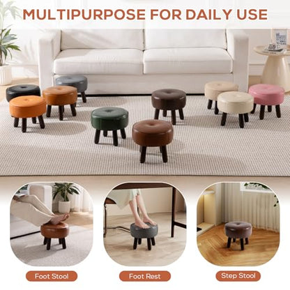 oakvivo Small Foot Stool, 13in Round Faux Leather Pouf Ottoman Foot Rest | Footstool Ottomans with Rubber Legs Under Desk, 13''L x 13''W x 10.2''H, Footrest for Couch, Living Room Bedroom, Brown - color: Brown