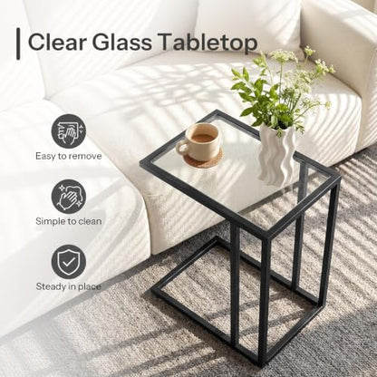 HOOBRO C Shaped End Table, Set of 2, Glass Side Table with Metal Frame, Black Coffee Table for Small Space, Modern Style, for Living Room, Black BK03SFP201 - color: Black